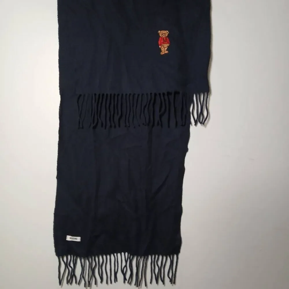 Moschino mens soft cashmere wool long scarf navy blue fringe